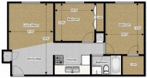 Floor plan for 2 beds, 1 bath, 650 sqft